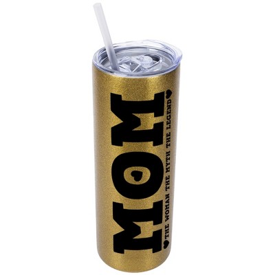 Elanze Designs Vegas Gold 20 Ounce Double Wall Stainless Steel Glitter Travel Tumbler With Sliding Lid And Straw, Mom The Woman The Myth The Legend