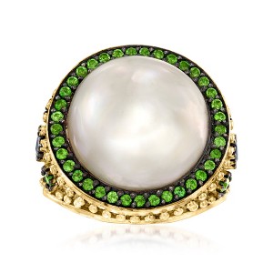 Ross-Simons 15mm Cultured Mabe Pearl and .80 ct. t.w. Chrome Diopside Ring With .30 ct. t.w. Sapphires in 18kt Yellow Gold Over Sterling - 1 of 4