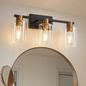 POWLIG 19.68-in 3-Light Black and Gold Modern Dimmable Bathroom Vanity Light with Cylindrical Glass Shade - 1 of 4