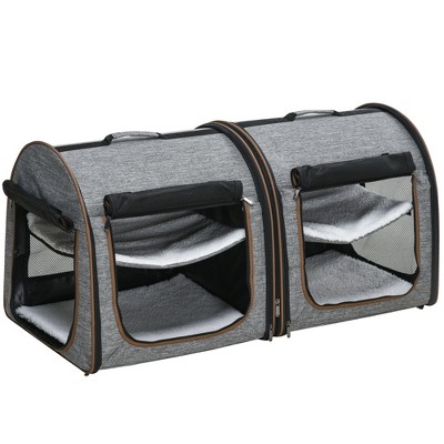 Munora 39" Portable Twin Compartment Cat Show House, Soft-Sided Pet Kennel with Removable Cushions & Storage Bag - Light Gray