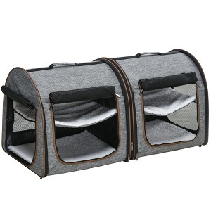 Munora 39" Portable Twin Compartment Cat Show House, Soft-Sided Pet Kennel with Removable Cushions & Storage Bag - Light Gray - 1 of 4