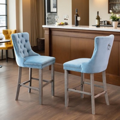 Counter Height Bar Stools Set of 2, Velvet Upholstered Dining Chairs with Nailhead Trim, Wooden Legs, Button Tufted Decor - Leovsnove