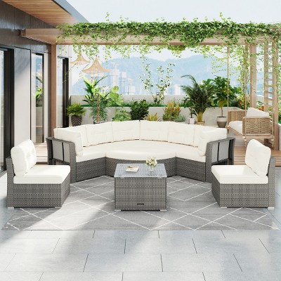 9-Piece Outdoor Patio Furniture Set, Conversation Set with Storage Glass Top Table, PE Rattan Sofa with Iron Frame and Foam Cushions-Coolbibila