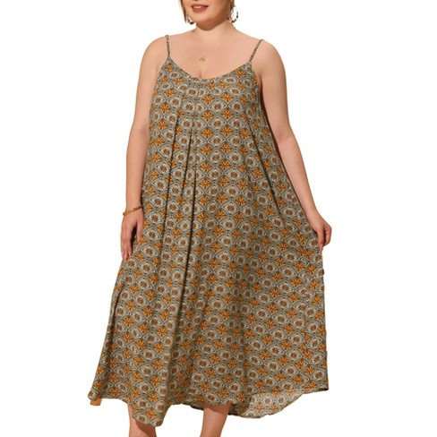 Agnes Orinda Women's Plus Size Summer Beach Bohemian Pattern Sleeveless  Strap Maxi Dresses Brown 3X