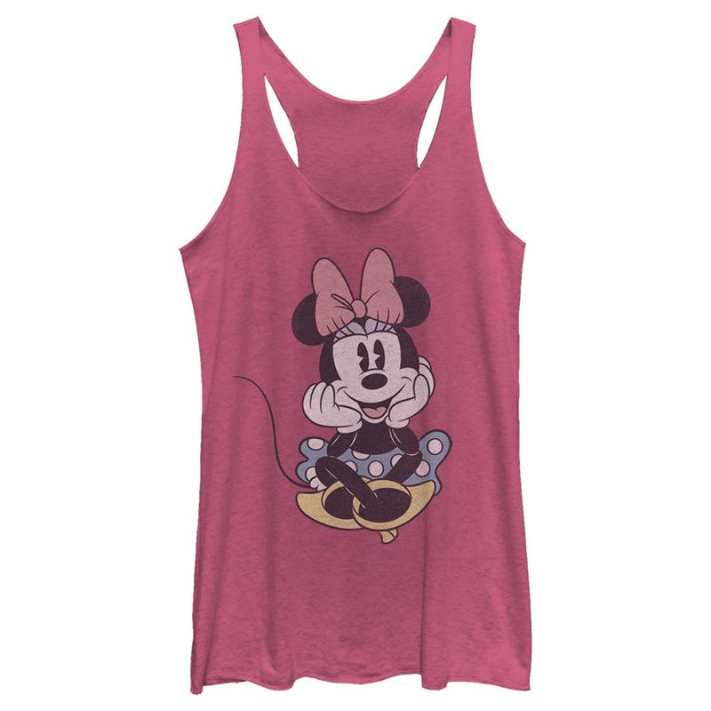 Women's Mickey & Friends Distressed Minnie Mouse Sitting Racerback Tank Top, 1 of 5