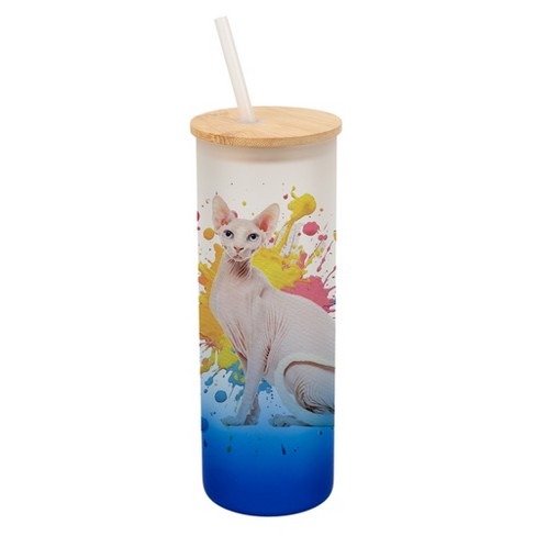 100 North 25 Ounce Frosted Glass Gradient Travel Tumbler With Straw & Wooden Lid, Sphynx Cat Paint Splatter Navy Blue - image 1 of 4