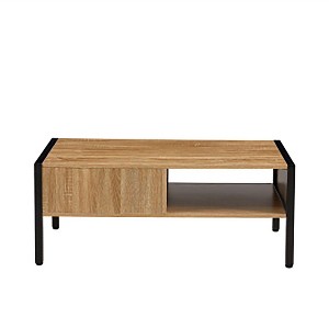 40" Rattan Coffee Table with Sliding Door, Wooden Rectangular Table with Storage and Open Shelf - Natural Color for Living Room, Office, or Apartment - 1 of 4