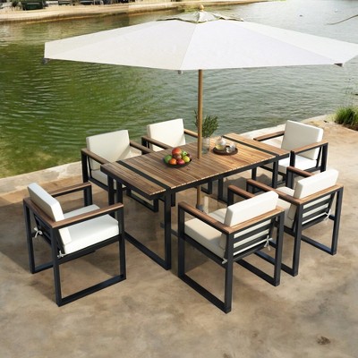 7-Piece Outdoor Dining Set – Patio Table & Chairs with Removable Cushions, Acacia Wood & Steel Frame, Beige, for Patio, Garden, and Backyard