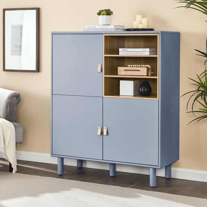 Dresser Closet, Storage Cabinet With Leather Handles, 3 Doors, Solid Wood Round Legs, Open Shelves, 2 of 6