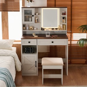 FONTOI 37.4"W Farmhouse Makeup Vanity Desk with Mirror 2 Drawers Shelves and Stool for Bedroom Dressing Room, White, 37.4"*15.75"*56.29" - 1 of 4