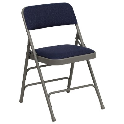 Navy Fabric and Gray Metal Armless Folding Chairs, Set of 2