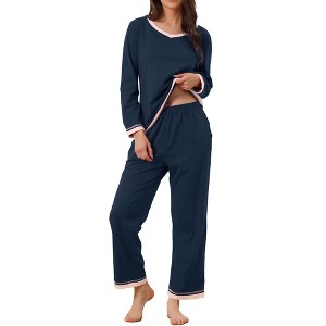 cheibear Women's Long Sleeve Shirt and Long Pants with Pocket Loungewear 2 Pieces Sleep Sets - 1 of 4