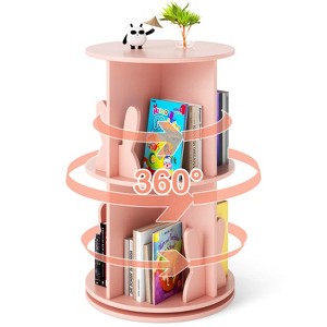 Costway Kids Rotating Bookshelf 2 Tier Freestanding 360° Revolving Display Storage Rack White/Pink - 1 of 4