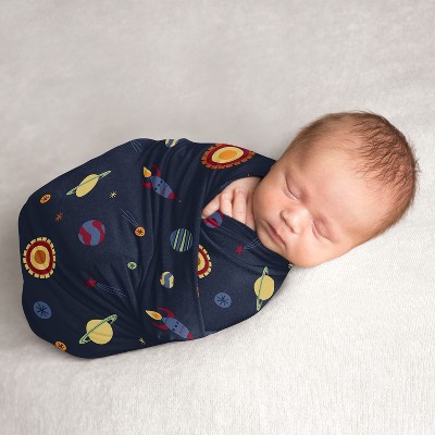 Image of Sweet Jojo Designs Boy Swaddle Baby Blanket Space Galaxy Blue, Red and Green
