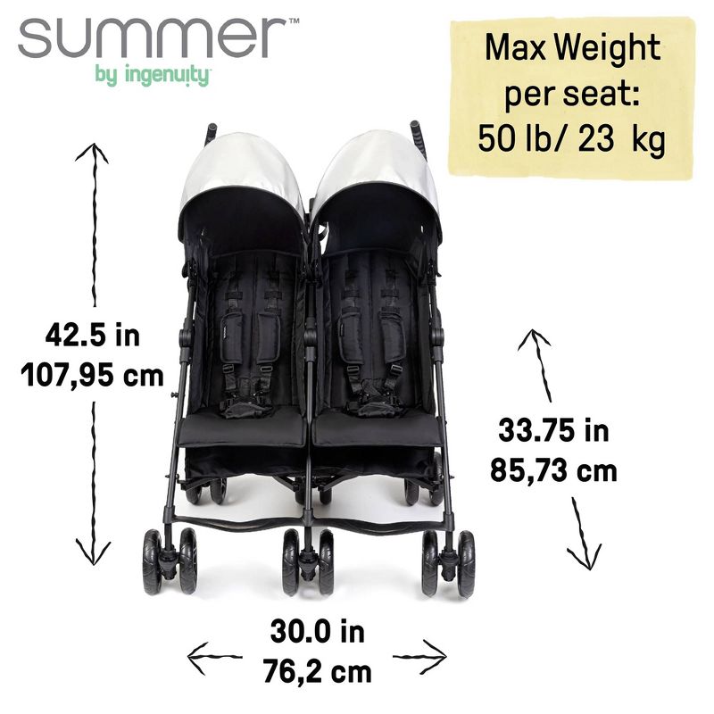 Summer Infant 3Dlite Folding Lightweight Side by Side Double Stroller with 5-Point Safety Harness for Infants and Toddlers, Black, 2 of 7