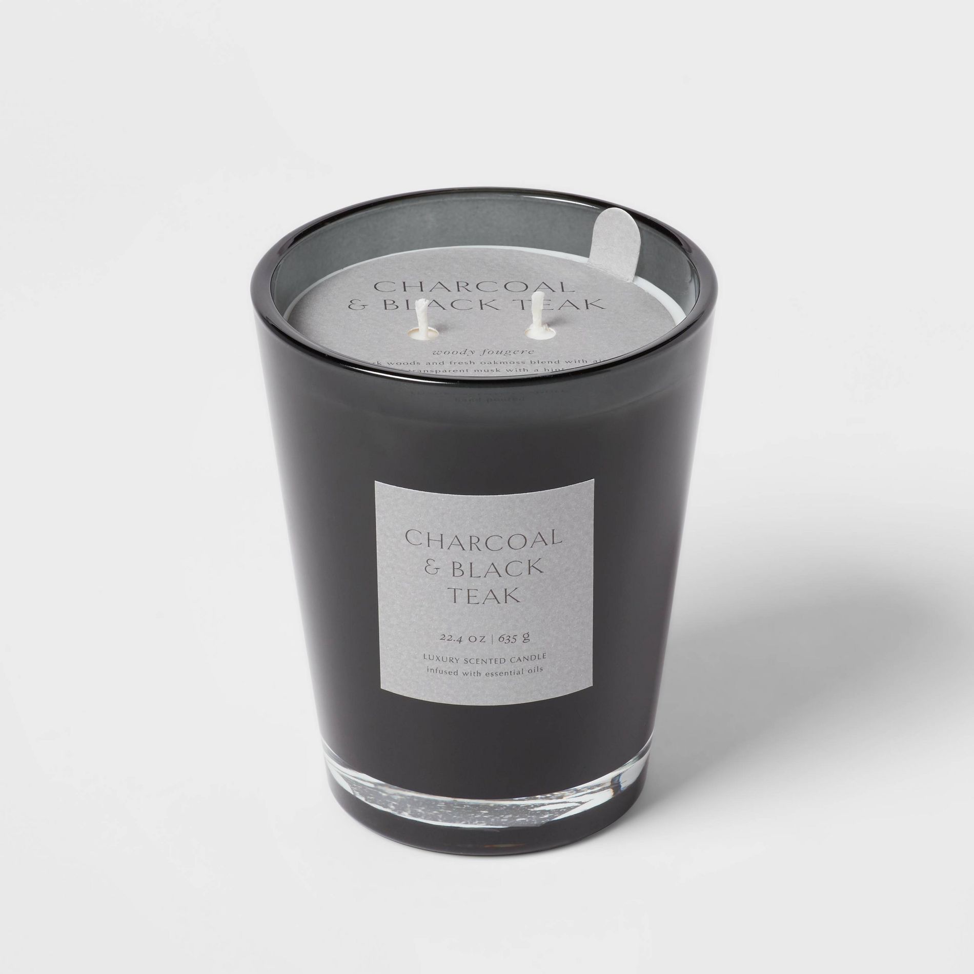 22.4oz Colored Vase Glass with Dustcover & Black Teak Candle Black - Threshold™: Oakmoss & Lavender Scent, 64hr Burn Time