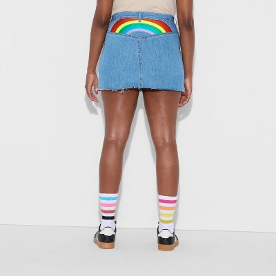 Pride Adult Mid-Rise Festival Rainbow Embroidered Jean Skirt - Light Wash