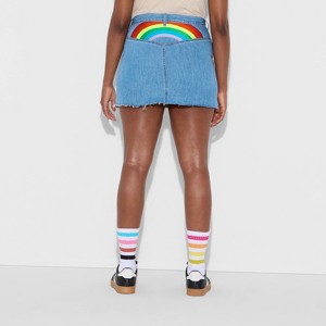 Pride Adult Mid-Rise Festival Rainbow Embroidered Jean Skirt - Light Wash - 1 of 3