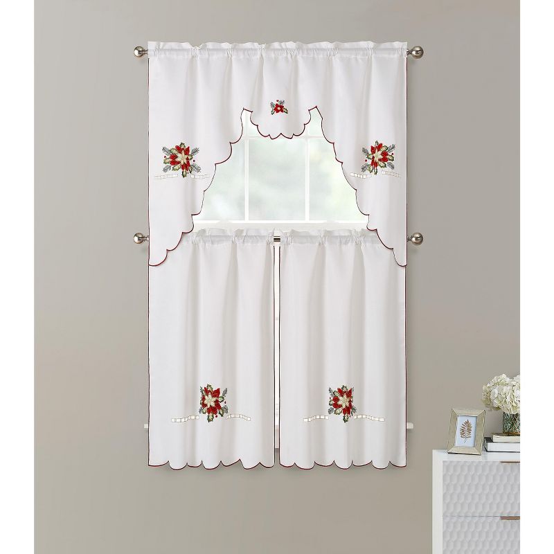 Kate Aurora Holiday Collection Rod Pocket Embroidered Poinsettia Christmas 3 Pc Cafe Kitchen Curtain Tier & Valance Set, 1 of 2