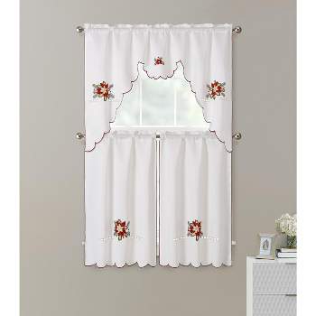 Kate Aurora Holiday Collection Rod Pocket Embroidered Poinsettia Christmas 3 Pc Cafe Kitchen Curtain Tier & Valance Set