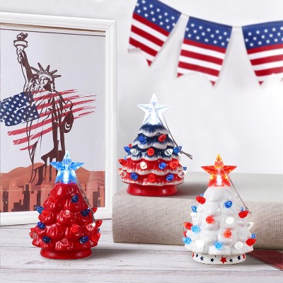 Set of 3 Mini Red White Blue Ceramic Christmas Trees