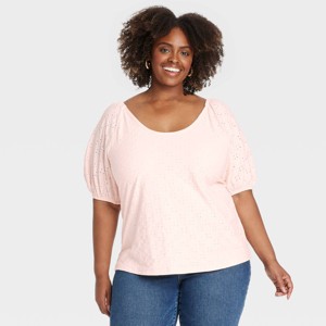 Women's Puff Short Sleeve Eyelet Peasant Top - Ava & Viv™ - 1 of 3