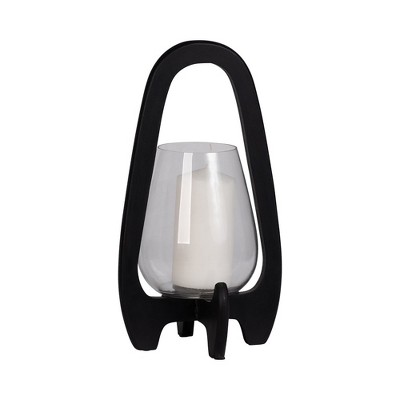 Sagebrook Home Sculpted Wood Glass Hurricane Lantern, For Decorative Use, Mango Wood and Glass, Black, 8 L x 8 W x 15 H Inches