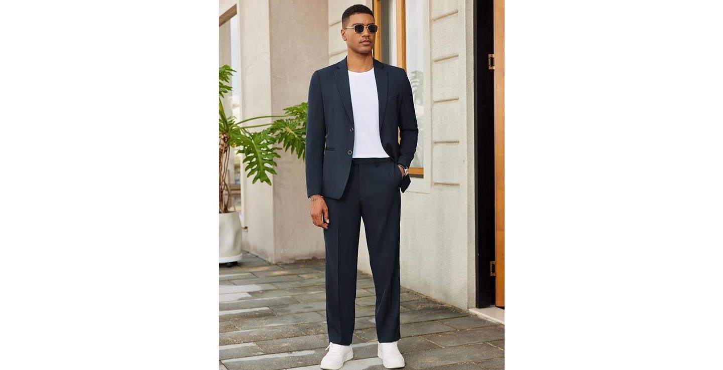 Мужской комплект COOFANDY 2 Piece Suits Slim Fit Two Button Blazer Pants Set for Casual Business Wedding Navy Blue, цвет: Тёмно-синий — фото 3