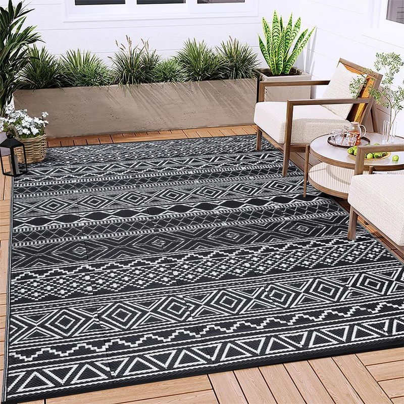 Outdoor Rug Waterproof Patio Rug Mat Geometric Rug Plastic Straw Outside Rug for RV Camping Picnic Reversible Rug, 1 of 9