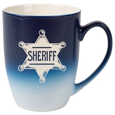 100 North Star Badge 10 Ounce Navy Blue and White Two Toned Ombre, Comfortably Fits Your Hands, Ceramic Tea Coffee Cup Mug, Sheriff
