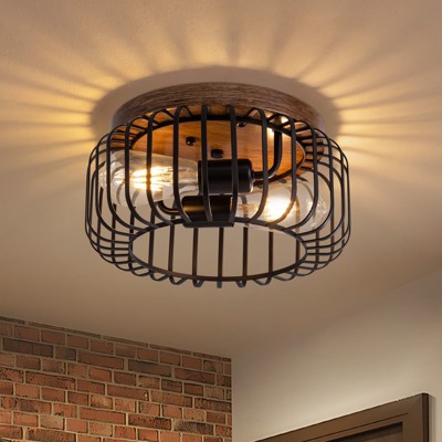 12 in. Black Caged Flush Mount Ceiling Light Vintage Close to Ceiling Light Fixture Rustic Small Ceiling Lamp for Hallway Entryway