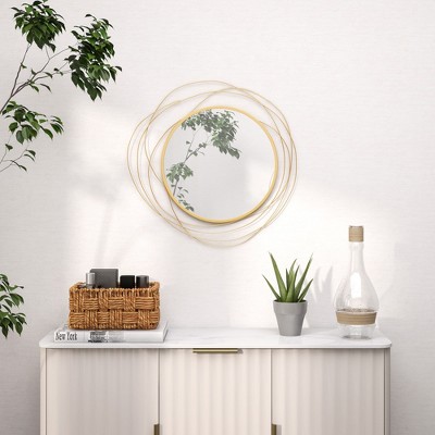 Angel Sar 26 Inch Gold Round Wall Mirror, Metal Frame with Clear Glass, Easy to Hang, for Living Room Bedroom Dining Room Decor