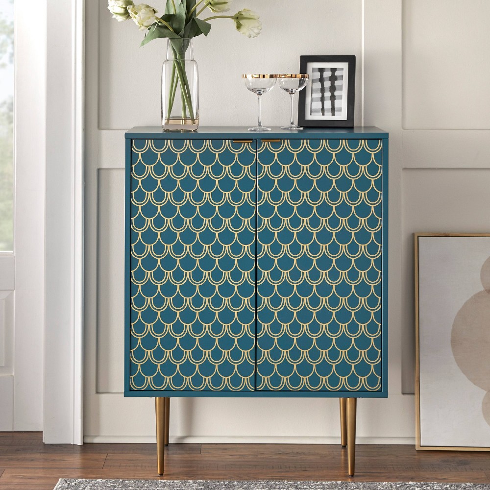 Lifestorey Gabriel Art Deco 2 Door Accent Cabinet with Scalloped Geometric Pattern Dark Teal
