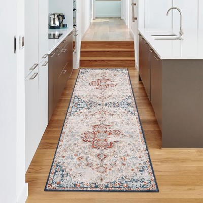 Vintage Area Rug Distressed Floral Print Carpet Runner Rug Washable Rug Stain Resistant Runner Rug with Non-Slip Backing