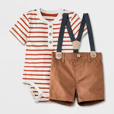 Image of Baby Boys' Top & Shorts Suspender Set - Cat & Jack™ Cream Newborn