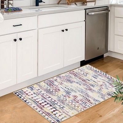 Modern Washable Rug Non-Slip - Geometric Low Pile Area Rug, Neutral Beige Kitchen Mat - Machine Washable & Stain Resistant