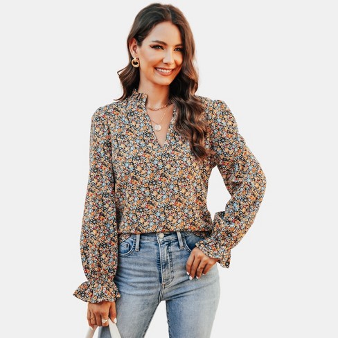 Ditsy Floral Print V Neck Blouse, Casual Long Sleeve Blouse For