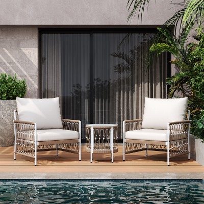 FIONECA 3-Piece Bohemian Outdoor Lounge Set ¨C 2 Rope-Woven Chairs & Glass-Top Table with Waterproof Cushions, Patio/Garden/Poolside