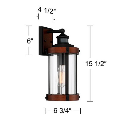 Black and Dark Faux Wood Industrial Outdoor Wall Light with Clear Glass
