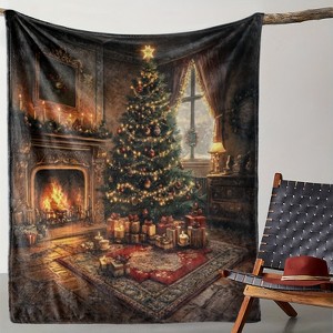 Lomsoe Vintage Christmas Fireplace & Tree Print Flannel Blanket - All Seasons Soft and Warm Throw Blanket for Napping, Camping, Travel, Office - 1 of 4