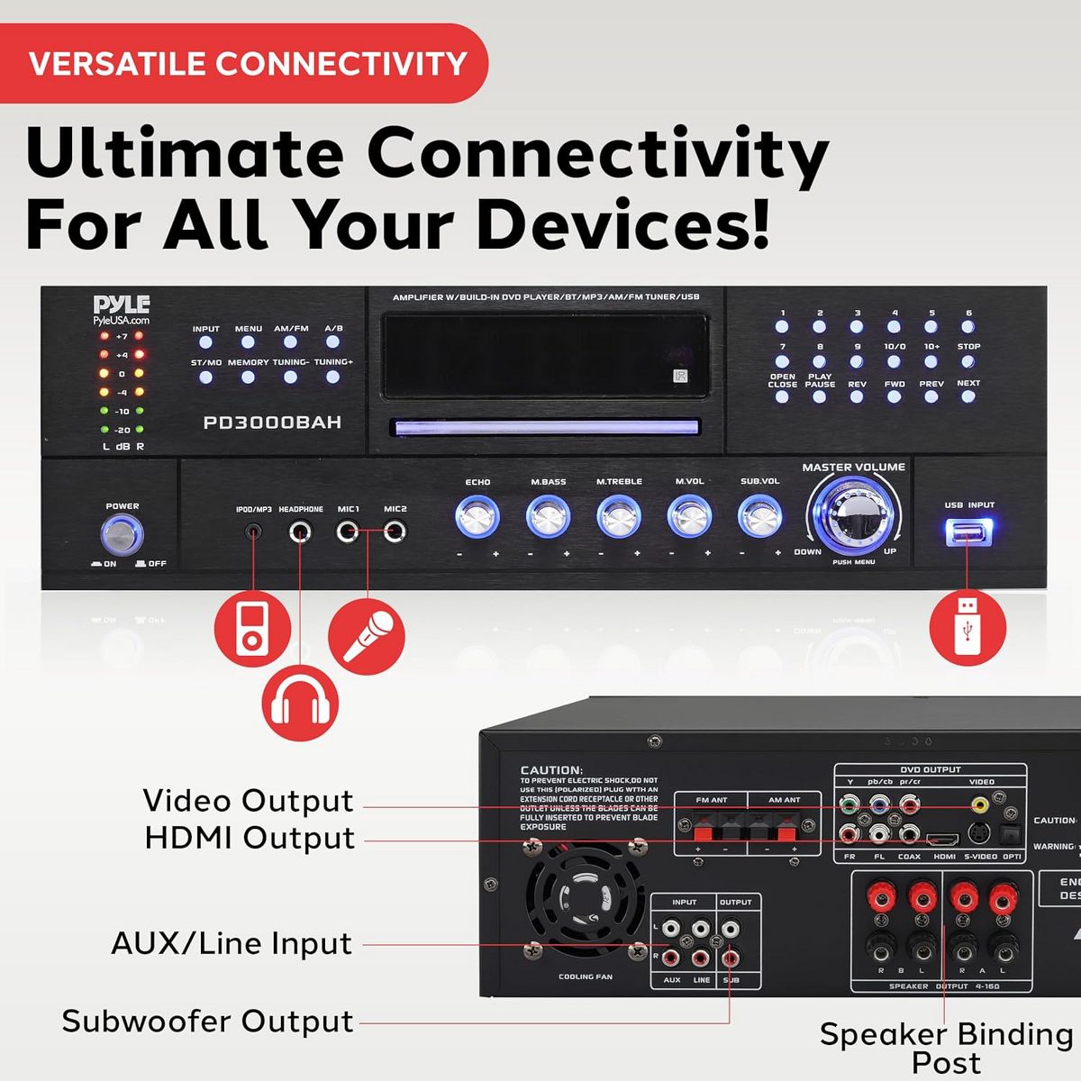 Pyle 4-Channel Bluetooth Home Theater Amplifier with CD/DVD Player (PD3000BAH) - thumbnail 2