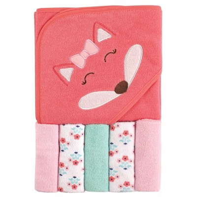 Luvable Friends Baby Girl Hooded Towel with Five Washcloths, Girl Fox, One Size