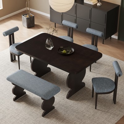Mid-Century Wood Dining Set for 6, Rectangular Dining Table with 4 Chairs and Bench, Padded Seats for Living Room Dining Room-Tanpinhause