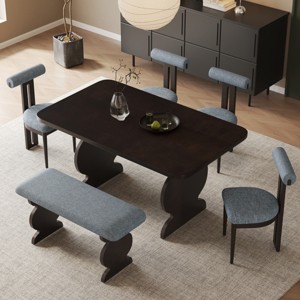Mid-Century Wood Dining Set for 6, Rectangular Dining Table with 4 Chairs and Bench, Padded Seats for Living Room Dining Room-Tanpinhause - 1 of 4