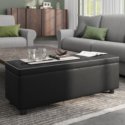 Leather Storage Ottoman Bench, Mid-Century Modern Storage Bench for Bedroom, Entryway End of Bed Bench with Stitching, Safety Hinges, Loads 680 Lb