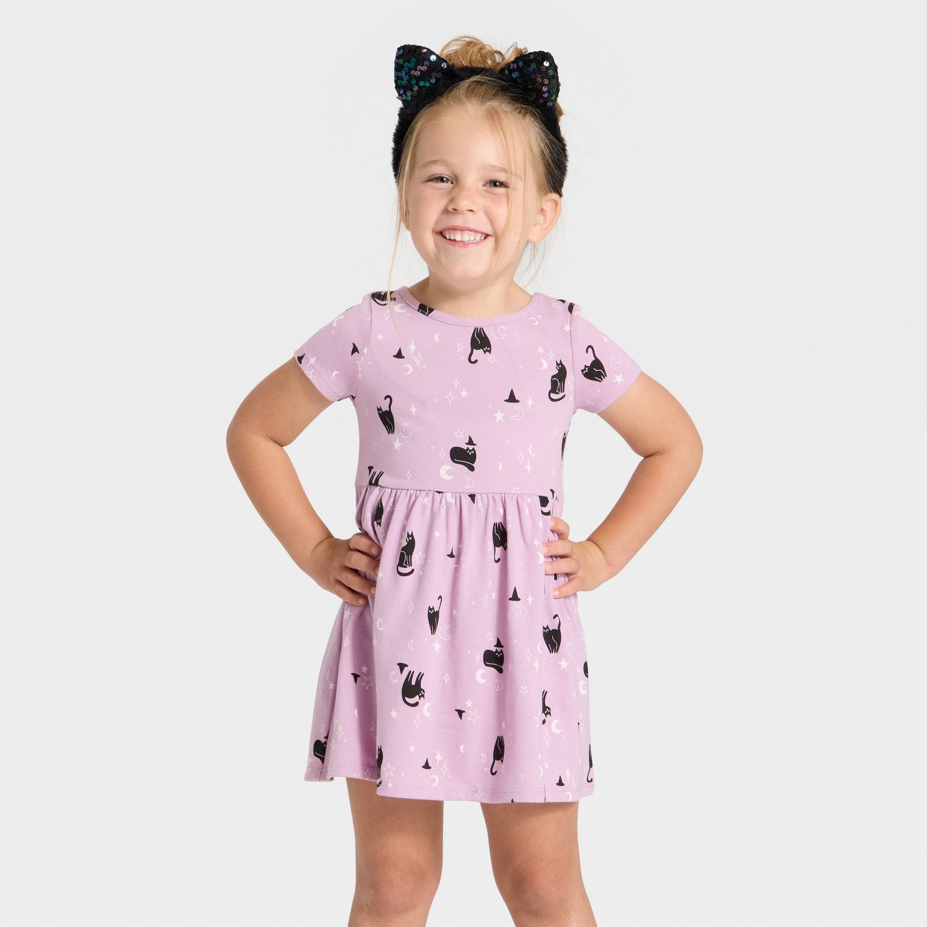 Toddler Girls' Short Sleeve Halloween Cats Dress - Cat & Jack™ Lavender 4T