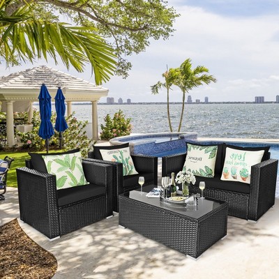 Costway 4PCS Patio Rattan Furniture Set Cushioned Sofa Chair Coffee Table Black