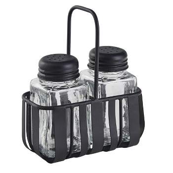 Salt and Pepper Shakers Set with Holder - Dopeca Glass Salt Shaker with  Wood Caddy for Kitchen Counter or Table - Black and White Kitchen Decor and