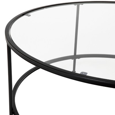 38" Round Glass Coffee Table with Matte Black Metal Base