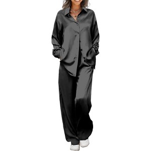 Ekouaer Womens Satin Silky Pajama Set 2 Piece Print PJs Soft Loungewear Button Down Sleepwear with Elastic Waist Long Pants - 1 of 4
